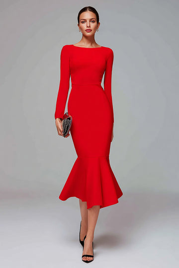 Mermaid Long Sleeve Red Midi Work Dress